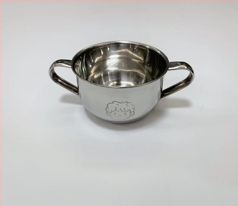 Vaikų dubuo iš 304 nerūdijančio plieno su dvigubomis rankenėlėmis, maisto kokybės, mikrobangų krosnelė saugi, apvalios formos, skirtas valgymams