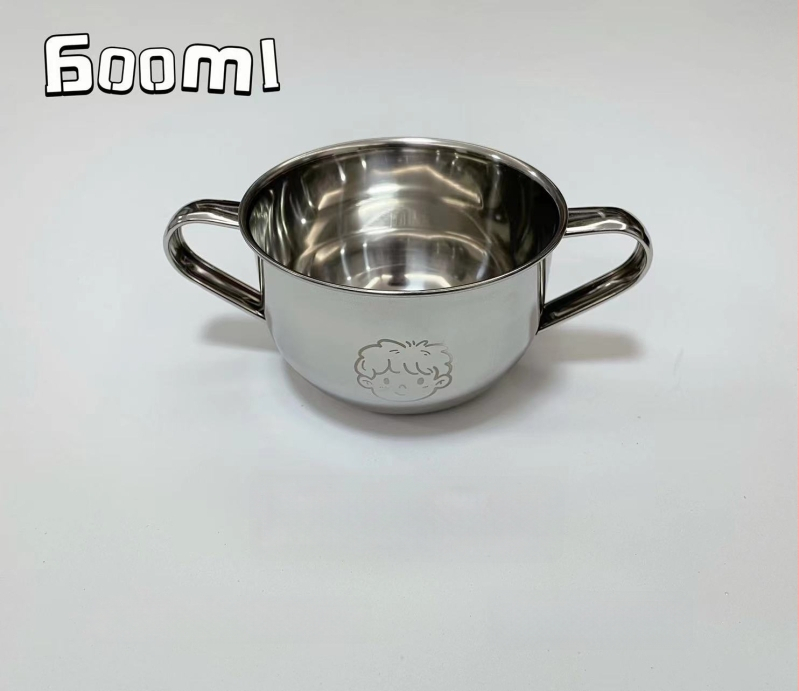 Vaikų dubuo iš 304 nerūdijančio plieno su dvigubomis rankenėlėmis, maisto kokybės, mikrobangų krosnelė saugi, apvalios formos, skirtas valgymams