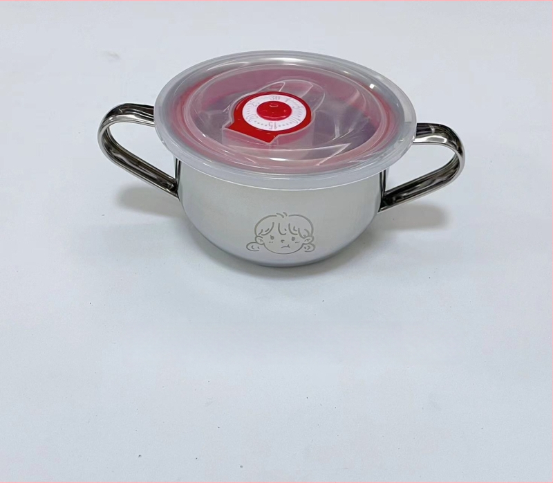 Vaikų dubuo iš 304 nerūdijančio plieno su dvigubomis rankenėlėmis, maisto kokybės, mikrobangų krosnelė saugi, apvalios formos, skirtas valgymams