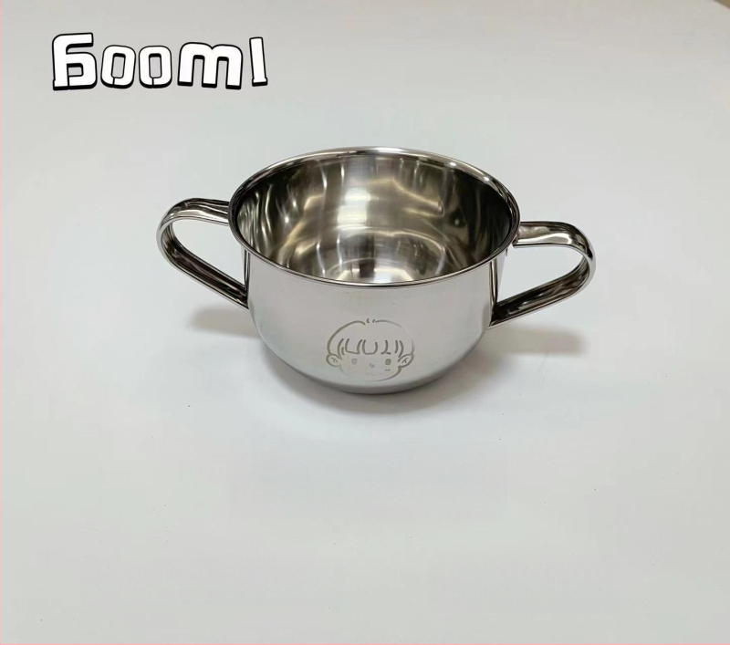 Vaikų dubuo iš 304 nerūdijančio plieno su dvigubomis rankenėlėmis, maisto kokybės, mikrobangų krosnelė saugi, apvalios formos, skirtas valgymams