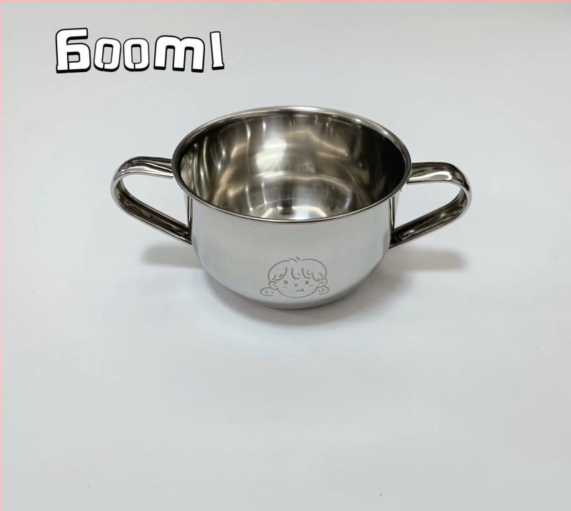 Vaikų dubuo iš 304 nerūdijančio plieno su dvigubomis rankenėlėmis, maisto kokybės, mikrobangų krosnelė saugi, apvalios formos, skirtas valgymams