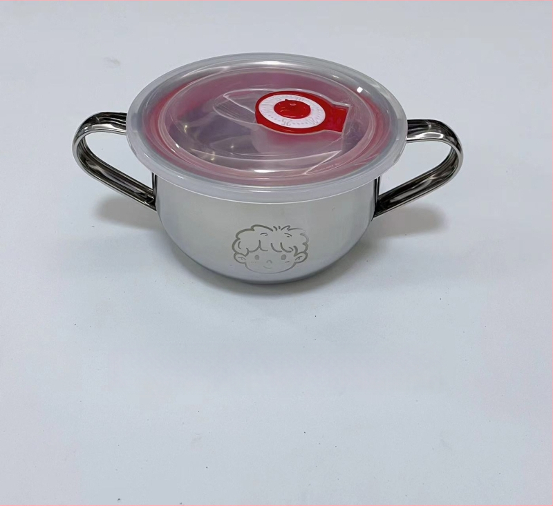 Vaikų dubuo iš 304 nerūdijančio plieno su dvigubomis rankenėlėmis, maisto kokybės, mikrobangų krosnelė saugi, apvalios formos, skirtas valgymams