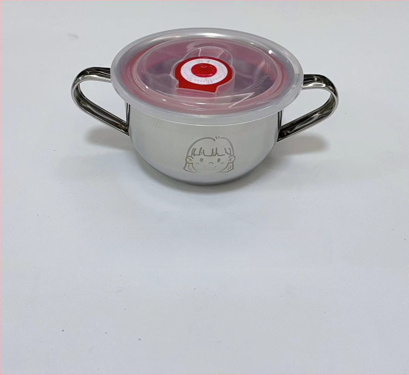 Vaikų dubuo iš 304 nerūdijančio plieno su dvigubomis rankenėlėmis, maisto kokybės, mikrobangų krosnelė saugi, apvalios formos, skirtas valgymams