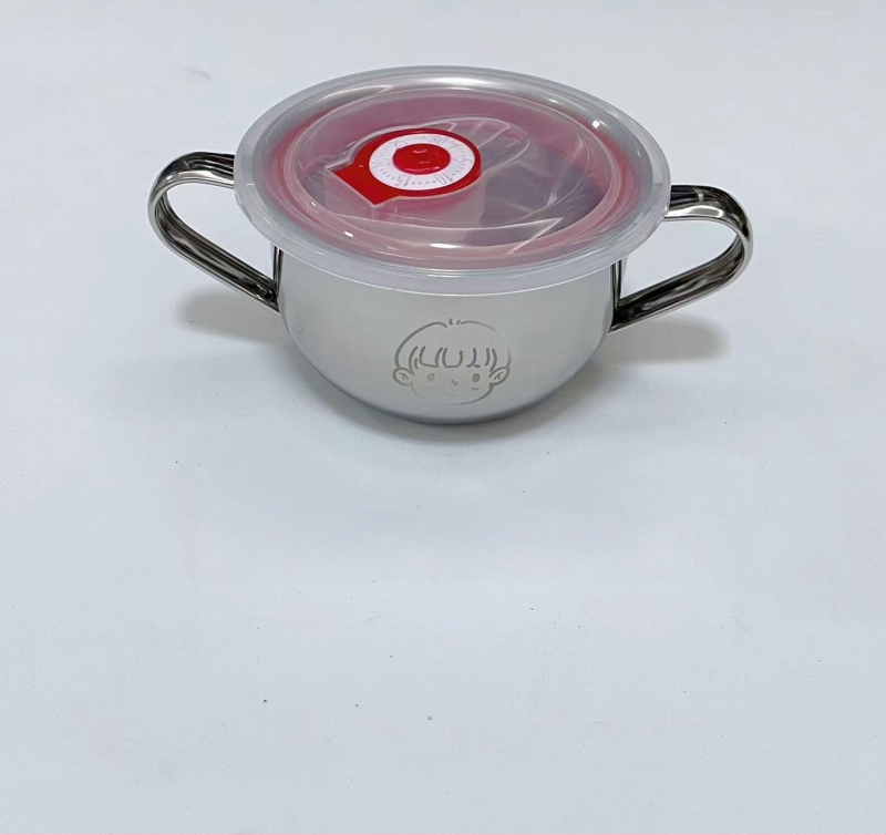 Vaikų dubuo iš 304 nerūdijančio plieno su dvigubomis rankenėlėmis, maisto kokybės, mikrobangų krosnelė saugi, apvalios formos, skirtas valgymams