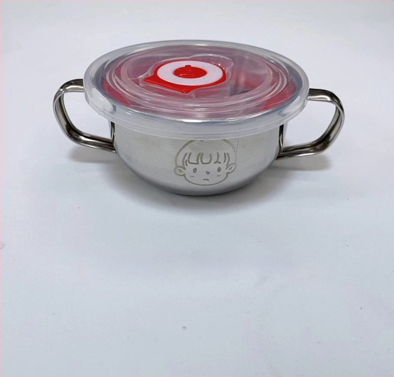 Vaikų dubuo iš 304 nerūdijančio plieno su dvigubomis rankenėlėmis, maisto kokybės, mikrobangų krosnelė saugi, apvalios formos, skirtas valgymams