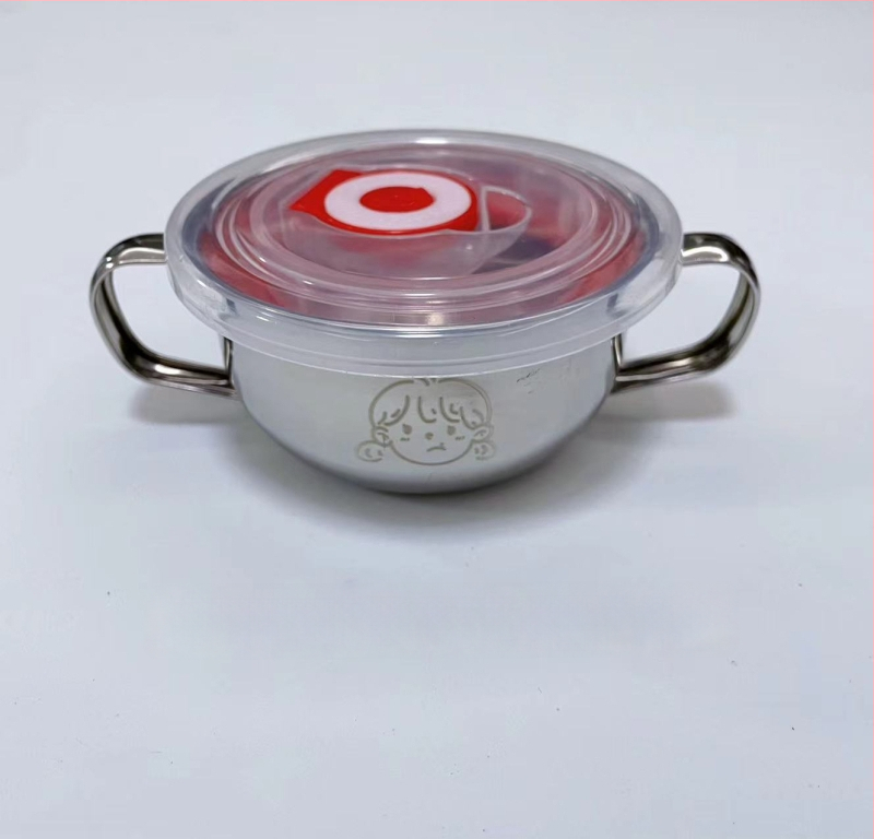 Vaikų dubuo iš 304 nerūdijančio plieno su dvigubomis rankenėlėmis, maisto kokybės, mikrobangų krosnelė saugi, apvalios formos, skirtas valgymams