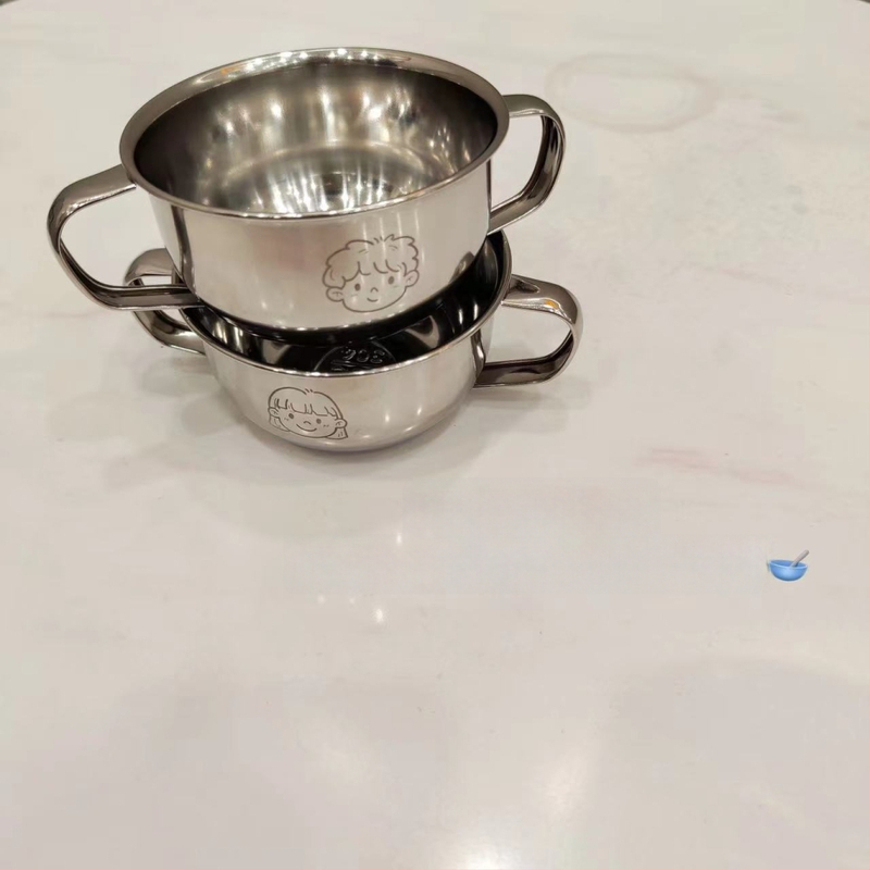 Vaikų dubuo iš 304 nerūdijančio plieno su dvigubomis rankenėlėmis, maisto kokybės, mikrobangų krosnelė saugi, apvalios formos, skirtas valgymams