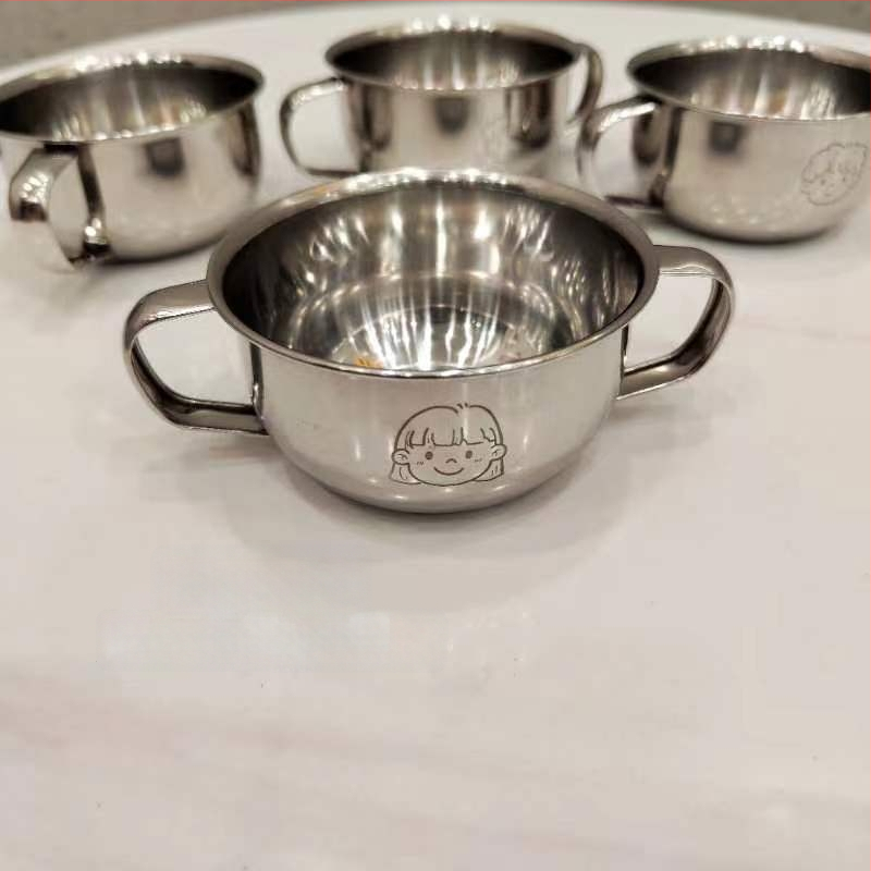 Vaikų dubuo iš 304 nerūdijančio plieno su dvigubomis rankenėlėmis, maisto kokybės, mikrobangų krosnelė saugi, apvalios formos, skirtas valgymams