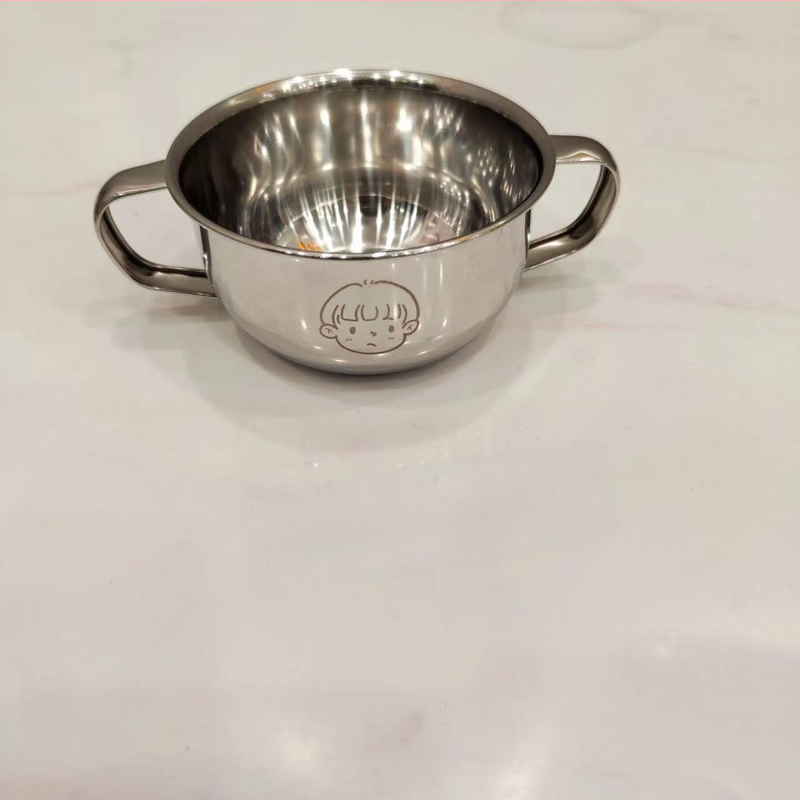 Vaikų dubuo iš 304 nerūdijančio plieno su dvigubomis rankenėlėmis, maisto kokybės, mikrobangų krosnelė saugi, apvalios formos, skirtas valgymams