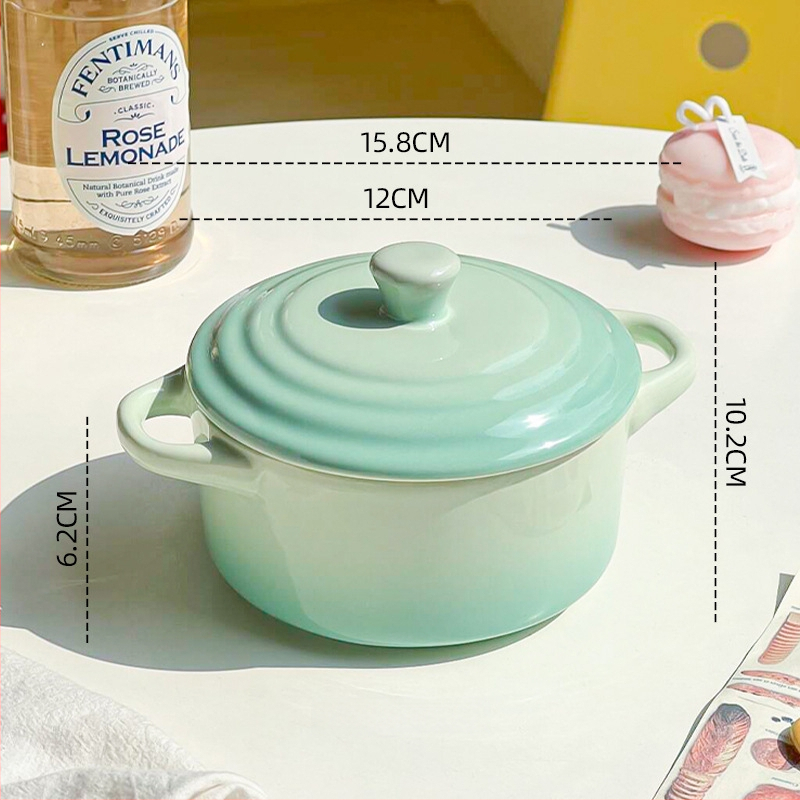 Keraminė dubenėlė su dangteliu ir dviem rankenėlėmis, tinkama mikrobangoms, apvalios formos, skirta kiaušinių garinimui ir vandens vonelėje troškinimui