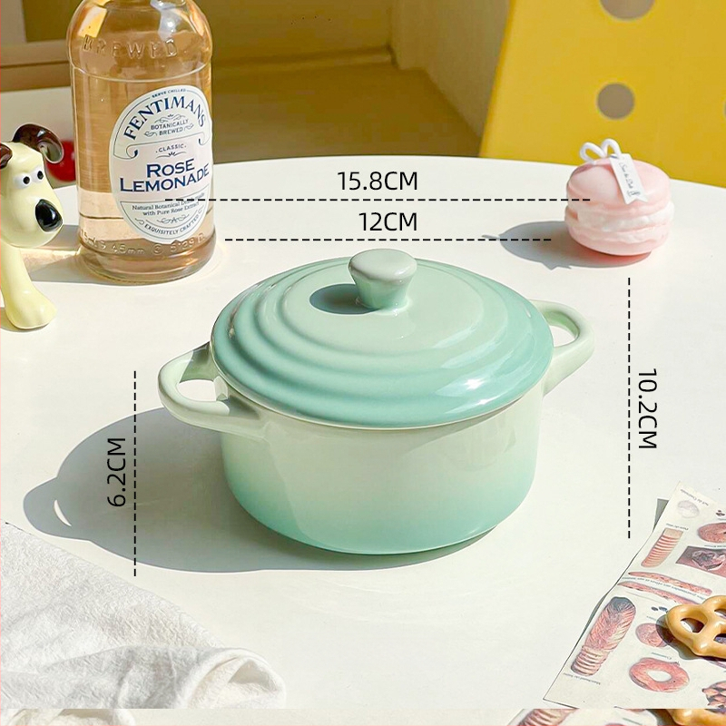 Keraminė dubenėlė su dangteliu ir dviem rankenėlėmis, tinkama mikrobangoms, apvalios formos, skirta kiaušinių garinimui ir vandens vonelėje troškinimui