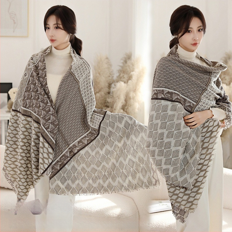 Φουλάρι από μαλλί αρνιού με εκτύπωση, εθνοτικό στυλ, διπλής χρήσης (φουλάρι-σάλι), χοντρό για όλες τις εποχές