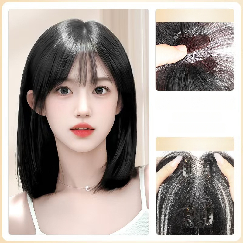 Perukas su centrinio kirpčiuko dalijimo, pūkotas natūralus vaizdas, plaukai iš aukštos temperatūros vielos, I formos tinklo kirpčiukų blokas, mechanizmas