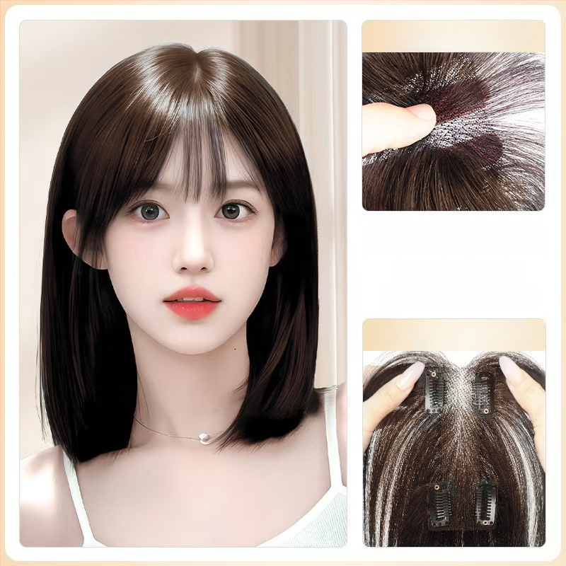 Perukas su centrinio kirpčiuko dalijimo, pūkotas natūralus vaizdas, plaukai iš aukštos temperatūros vielos, I formos tinklo kirpčiukų blokas, mechanizmas