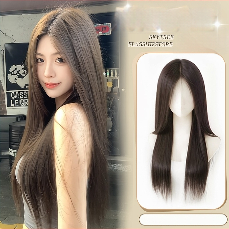 Centru dalijimosi plaukų parūka su tiesiais plaukais ir kirpčiukais, realistiškas galvos odos vaizdas, atsparus aukštai temperatūrai pluoštas, mechaninis gamybos procesas