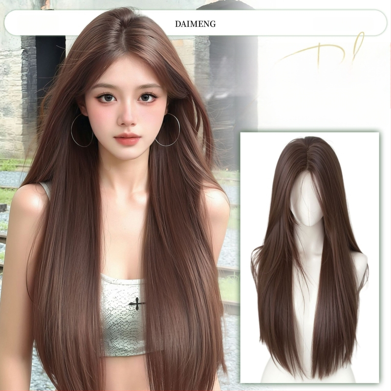 Centru dalijimosi plaukų parūka su tiesiais plaukais ir kirpčiukais, realistiškas galvos odos vaizdas, atsparus aukštai temperatūrai pluoštas, mechaninis gamybos procesas