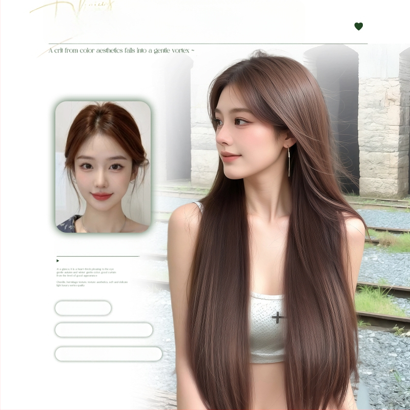 Centru dalijimosi plaukų parūka su tiesiais plaukais ir kirpčiukais, realistiškas galvos odos vaizdas, atsparus aukštai temperatūrai pluoštas, mechaninis gamybos procesas