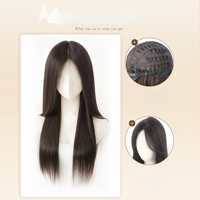 Centru dalijimosi plaukų parūka su tiesiais plaukais ir kirpčiukais, realistiškas galvos odos vaizdas, atsparus aukštai temperatūrai pluoštas, mechaninis gamybos procesas