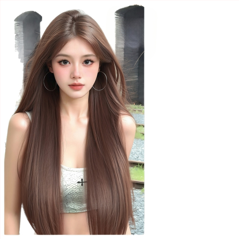 Centru dalijimosi plaukų parūka su tiesiais plaukais ir kirpčiukais, realistiškas galvos odos vaizdas, atsparus aukštai temperatūrai pluoštas, mechaninis gamybos procesas