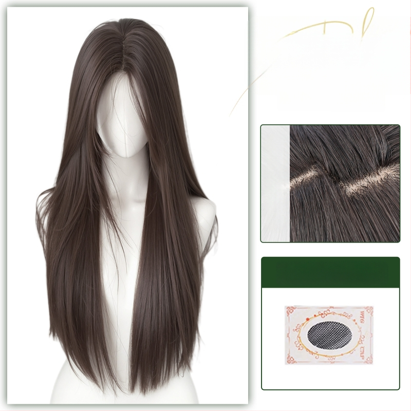 Centru dalijimosi plaukų parūka su tiesiais plaukais ir kirpčiukais, realistiškas galvos odos vaizdas, atsparus aukštai temperatūrai pluoštas, mechaninis gamybos procesas