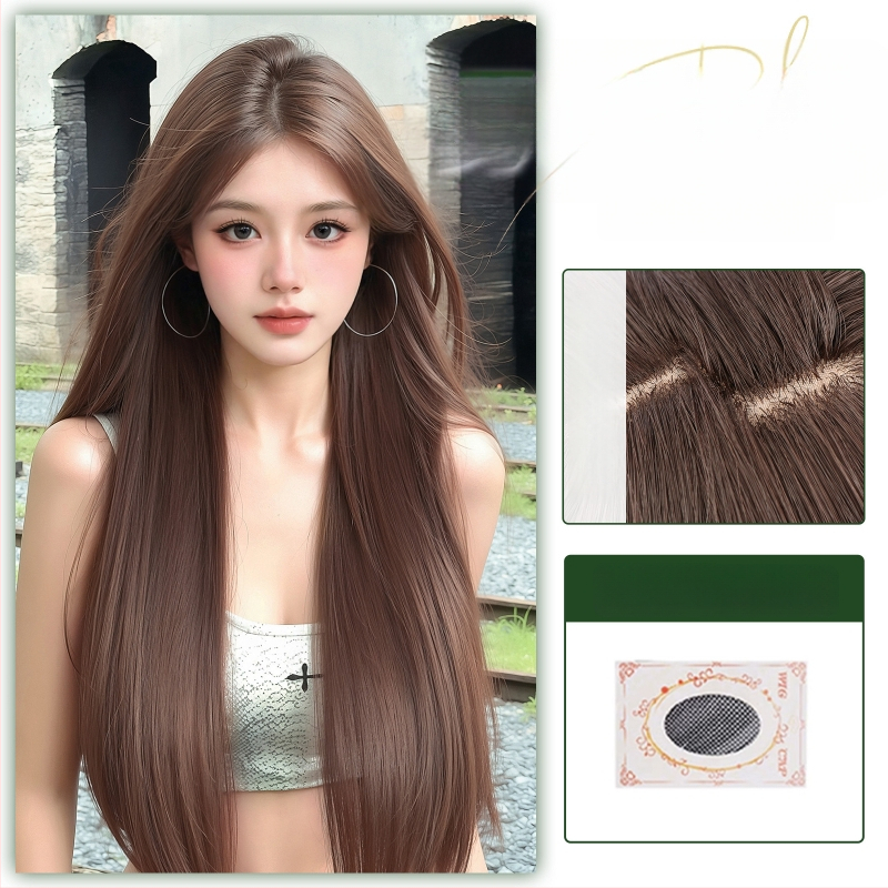 Centru dalijimosi plaukų parūka su tiesiais plaukais ir kirpčiukais, realistiškas galvos odos vaizdas, atsparus aukštai temperatūrai pluoštas, mechaninis gamybos procesas