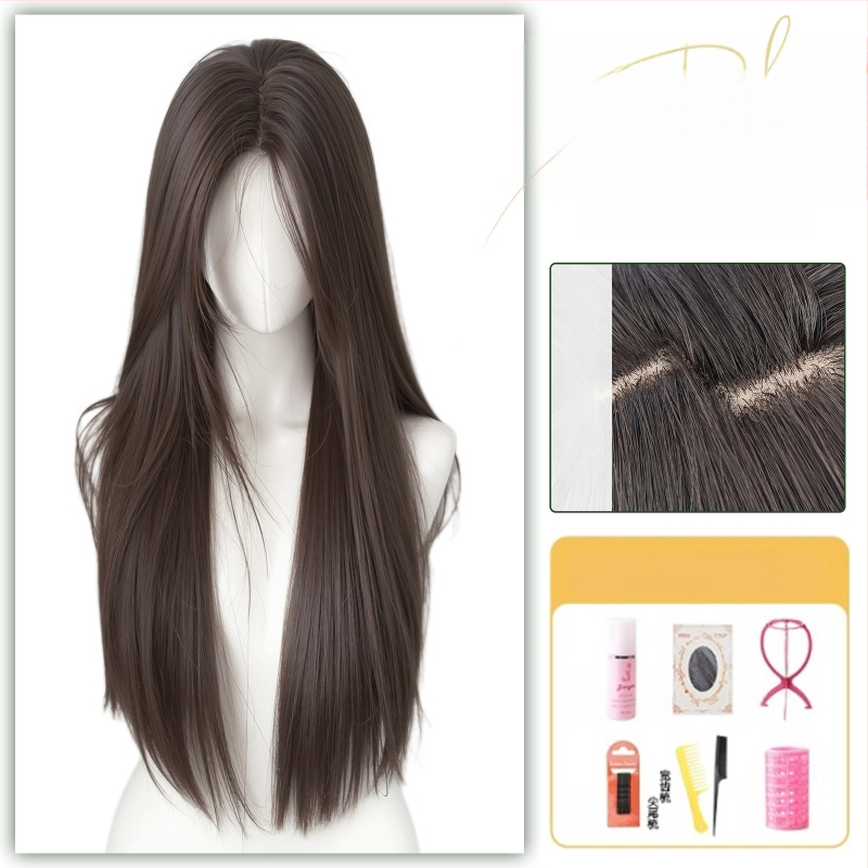 Centru dalijimosi plaukų parūka su tiesiais plaukais ir kirpčiukais, realistiškas galvos odos vaizdas, atsparus aukštai temperatūrai pluoštas, mechaninis gamybos procesas