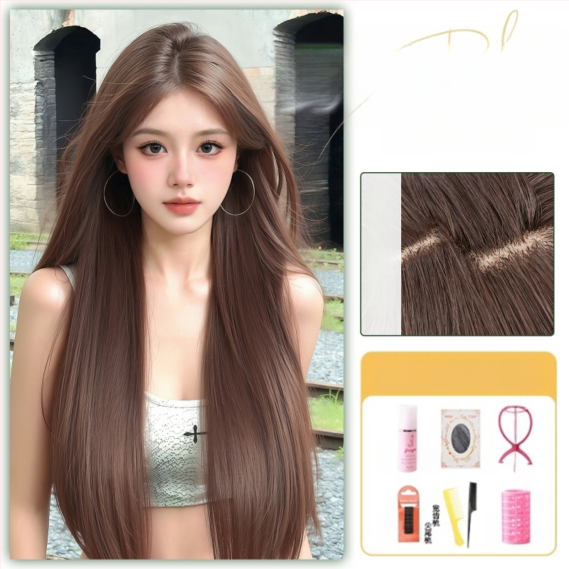 Centru dalijimosi plaukų parūka su tiesiais plaukais ir kirpčiukais, realistiškas galvos odos vaizdas, atsparus aukštai temperatūrai pluoštas, mechaninis gamybos procesas