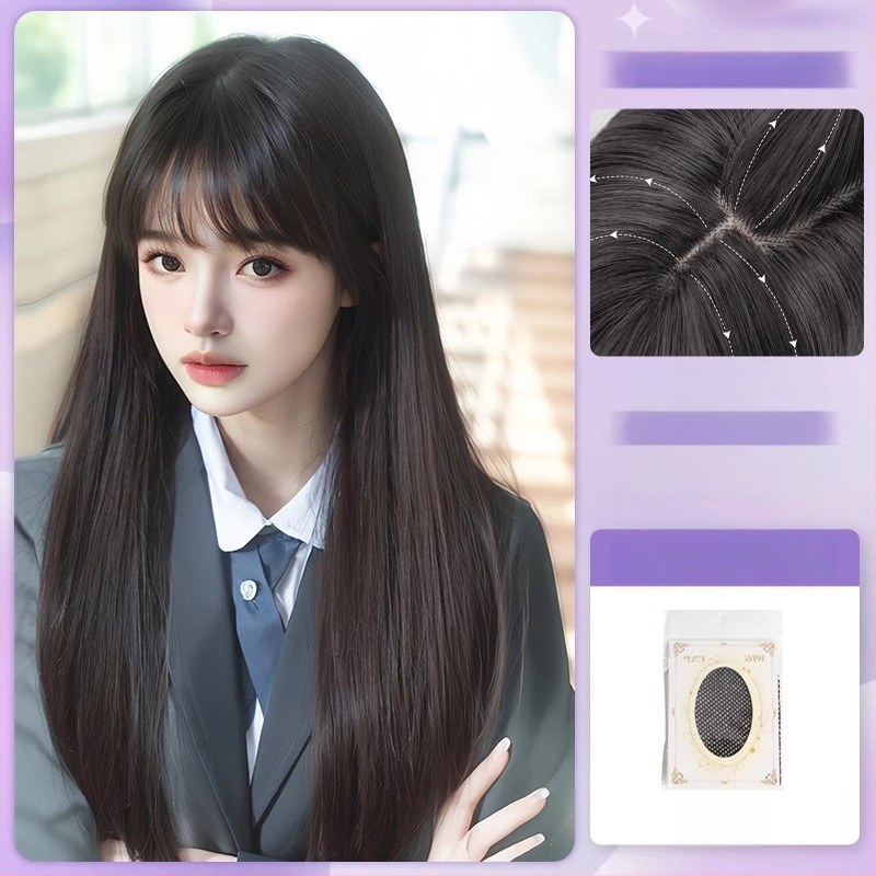 Centru dalijimosi plaukų parūka su tiesiais plaukais ir kirpčiukais, realistiškas galvos odos vaizdas, atsparus aukštai temperatūrai pluoštas, mechaninis gamybos procesas