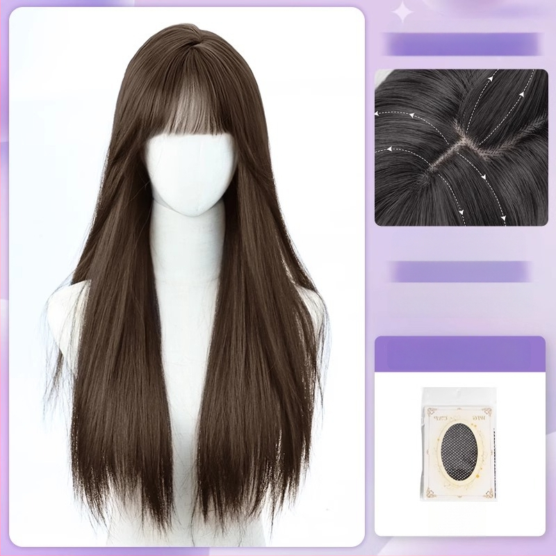 Centru dalijimosi plaukų parūka su tiesiais plaukais ir kirpčiukais, realistiškas galvos odos vaizdas, atsparus aukštai temperatūrai pluoštas, mechaninis gamybos procesas