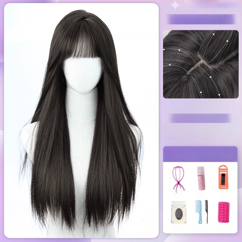 Centru dalijimosi plaukų parūka su tiesiais plaukais ir kirpčiukais, realistiškas galvos odos vaizdas, atsparus aukštai temperatūrai pluoštas, mechaninis gamybos procesas