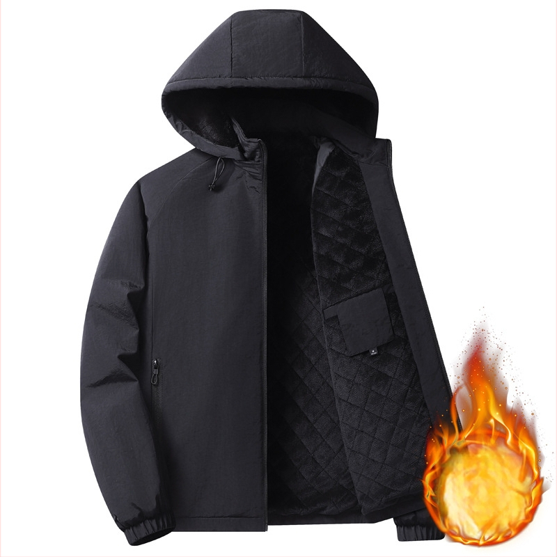 Meeste puuvillane mantel fleece voodriga, kapuutsiga, tõmblukuga, püsti kaelus, vaba lõige, külje taskud