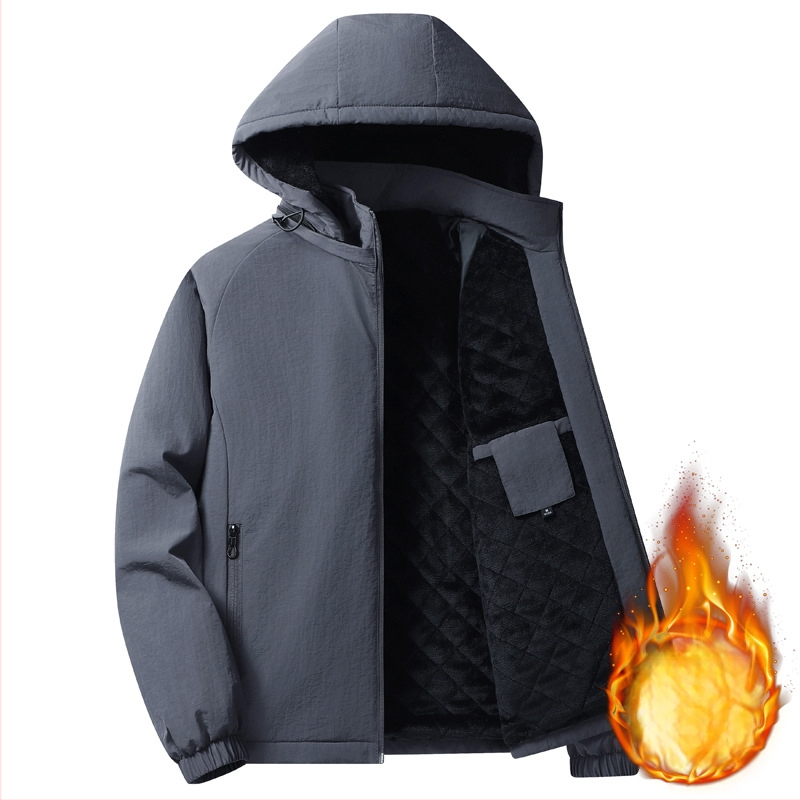 Meeste puuvillane mantel fleece voodriga, kapuutsiga, tõmblukuga, püsti kaelus, vaba lõige, külje taskud