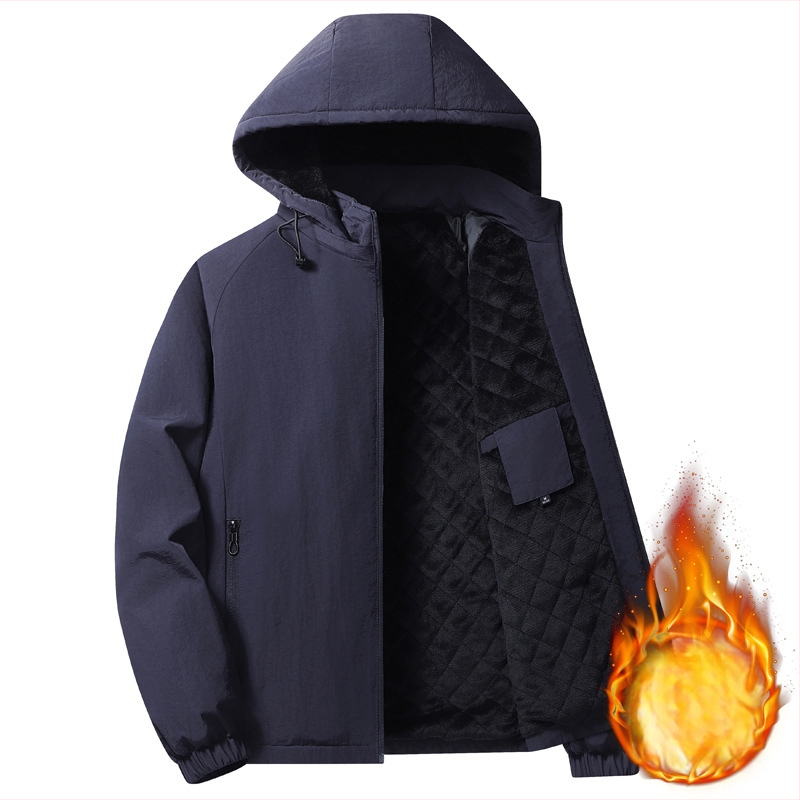 Meeste puuvillane mantel fleece voodriga, kapuutsiga, tõmblukuga, püsti kaelus, vaba lõige, külje taskud