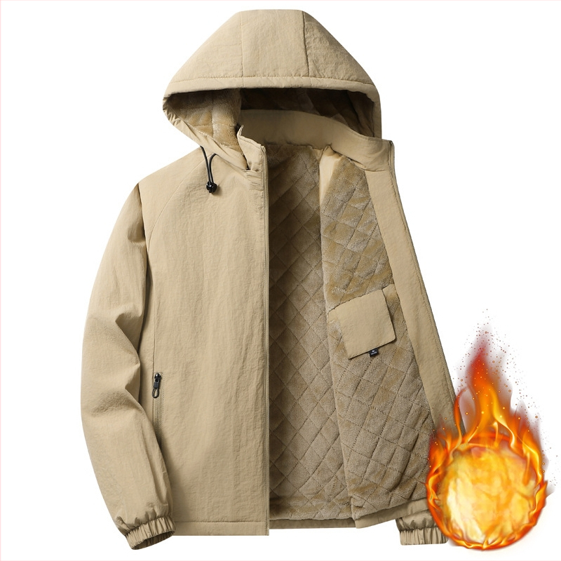 Meeste puuvillane mantel fleece voodriga, kapuutsiga, tõmblukuga, püsti kaelus, vaba lõige, külje taskud