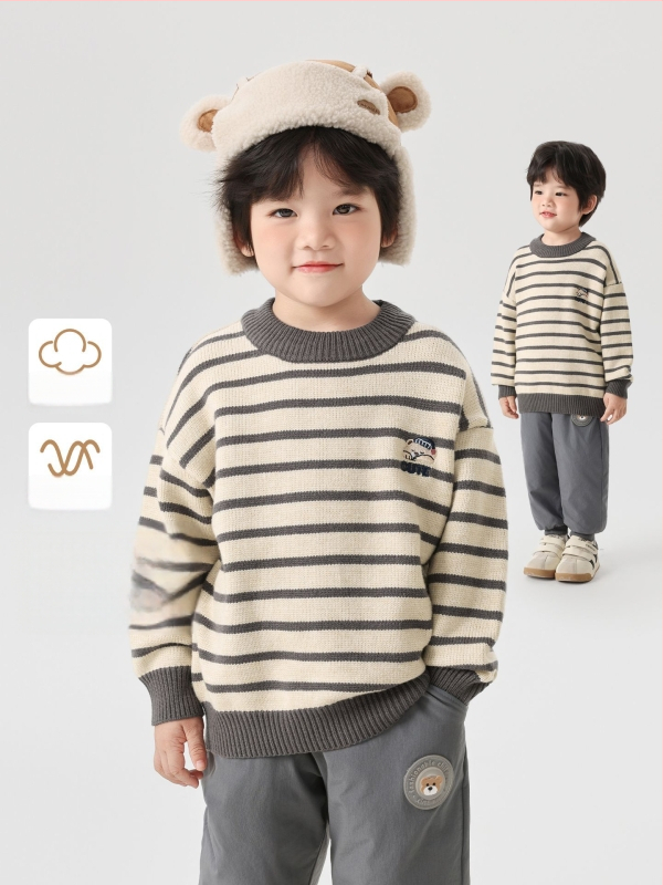 Zēnu adīts džemperis ar apaļu kaklu, garām piedurknēm, karikatūras raksts, viskozes maisījums, ziemai