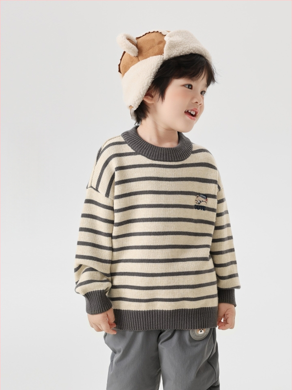 Zēnu adīts džemperis ar apaļu kaklu, garām piedurknēm, karikatūras raksts, viskozes maisījums, ziemai