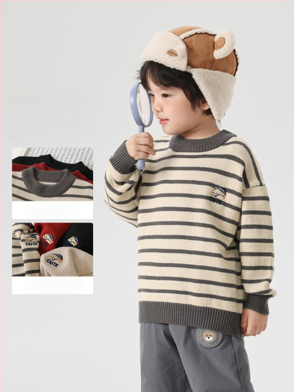 Zēnu adīts džemperis ar apaļu kaklu, garām piedurknēm, karikatūras raksts, viskozes maisījums, ziemai