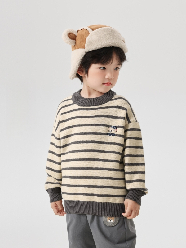 Zēnu adīts džemperis ar apaļu kaklu, garām piedurknēm, karikatūras raksts, viskozes maisījums, ziemai