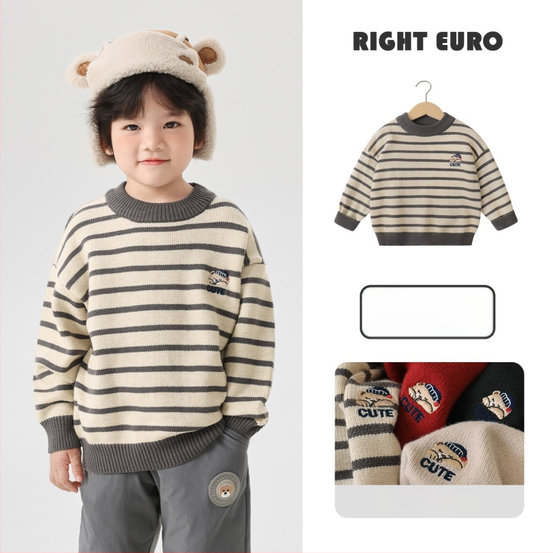 Zēnu adīts džemperis ar apaļu kaklu, garām piedurknēm, karikatūras raksts, viskozes maisījums, ziemai