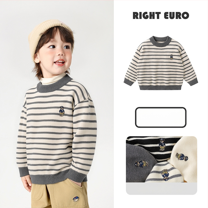 Zēnu adīts džemperis ar apaļu kaklu, garām piedurknēm, karikatūras raksts, viskozes maisījums, ziemai