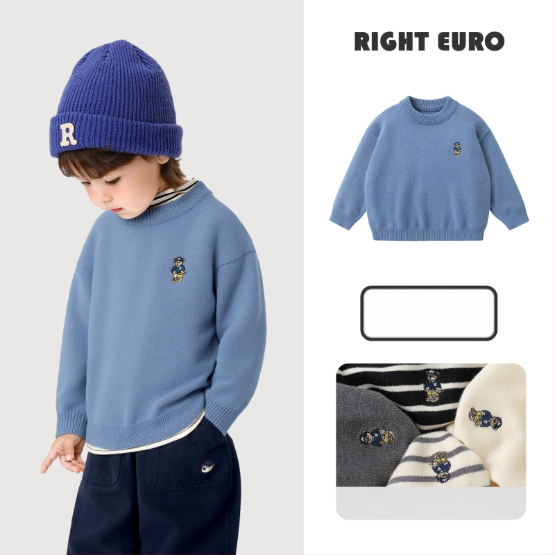 Zēnu adīts džemperis ar apaļu kaklu, garām piedurknēm, karikatūras raksts, viskozes maisījums, ziemai