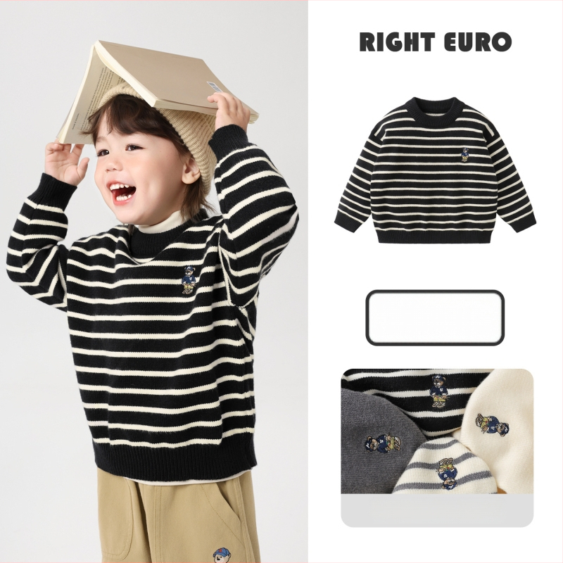 Zēnu adīts džemperis ar apaļu kaklu, garām piedurknēm, karikatūras raksts, viskozes maisījums, ziemai