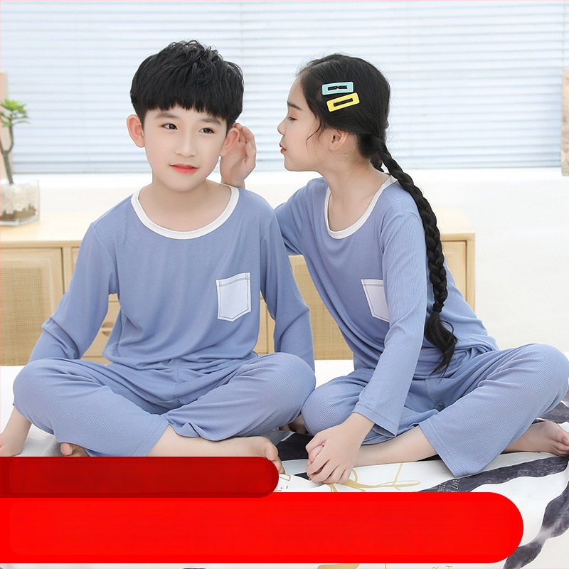 Vaikų namų drabužių komplektas, unisex, viskozės megzti audiniai 93%, ilgos rankovės, apvali kakla, drėgmės nukreipimas, švelnus apdailos — Pavasaris-Vasara-Rudenis