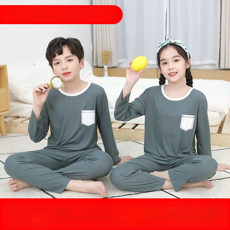 Vaikų namų drabužių komplektas, unisex, viskozės megzti audiniai 93%, ilgos rankovės, apvali kakla, drėgmės nukreipimas, švelnus apdailos — Pavasaris-Vasara-Rudenis