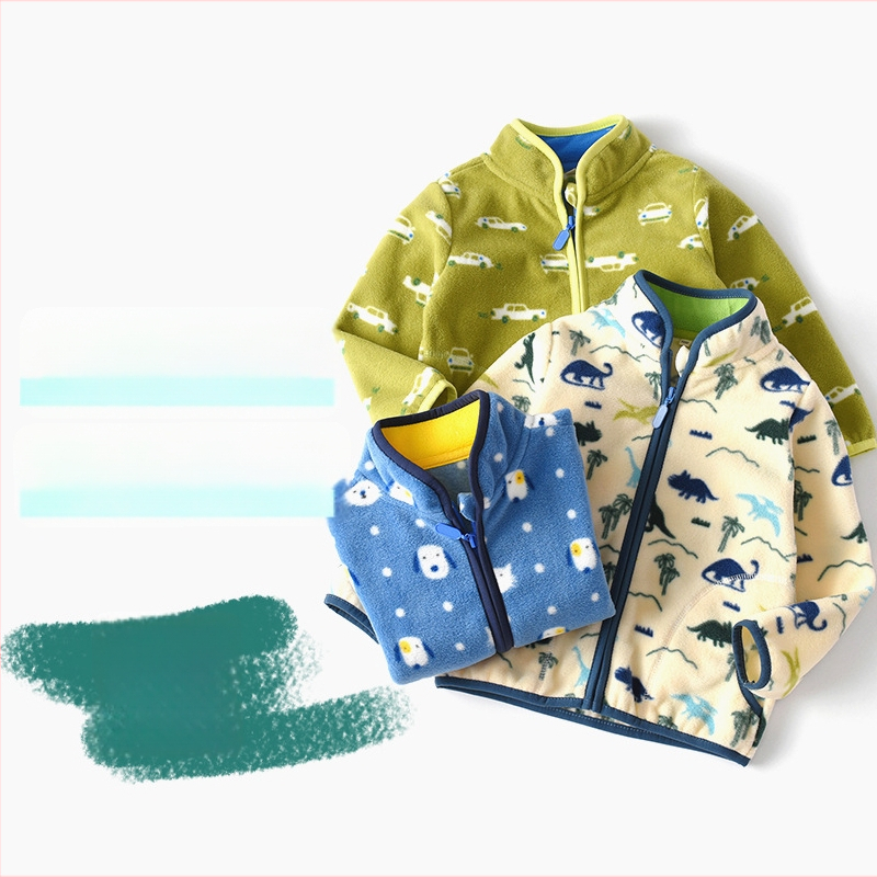 Bērnu polārfleksa jaka ar dinosaura apdruku, rāvējslēdzējs, stāvošā apkakle, zēniem 3–8 gadi