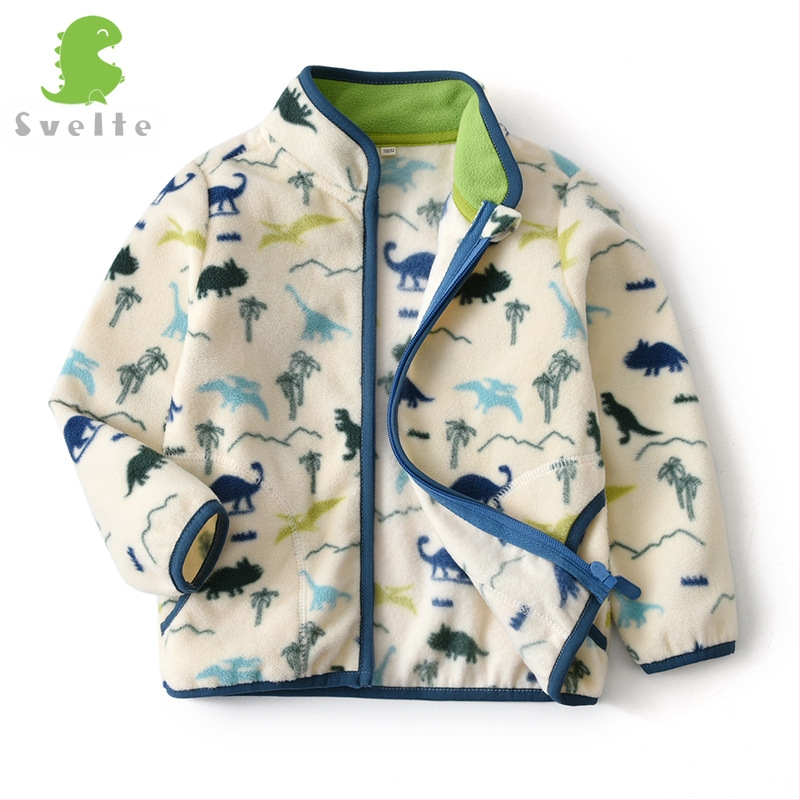 Bērnu polārfleksa jaka ar dinosaura apdruku, rāvējslēdzējs, stāvošā apkakle, zēniem 3–8 gadi