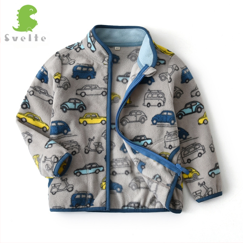 Bērnu polārfleksa jaka ar dinosaura apdruku, rāvējslēdzējs, stāvošā apkakle, zēniem 3–8 gadi