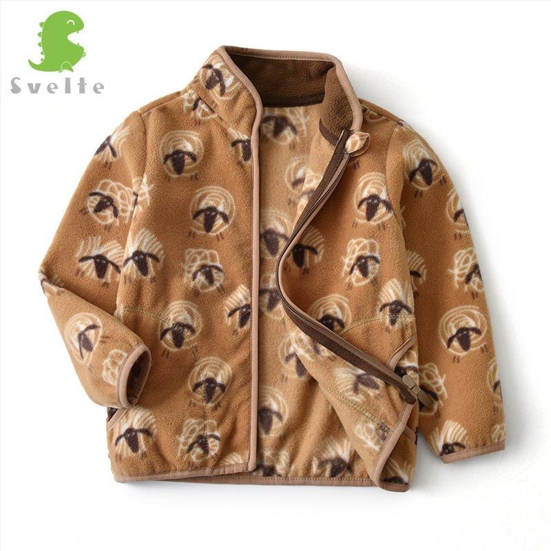 Bērnu polārfleksa jaka ar dinosaura apdruku, rāvējslēdzējs, stāvošā apkakle, zēniem 3–8 gadi