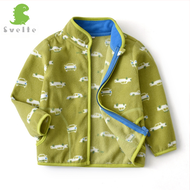 Bērnu polārfleksa jaka ar dinosaura apdruku, rāvējslēdzējs, stāvošā apkakle, zēniem 3–8 gadi