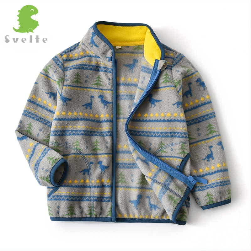 Bērnu polārfleksa jaka ar dinosaura apdruku, rāvējslēdzējs, stāvošā apkakle, zēniem 3–8 gadi